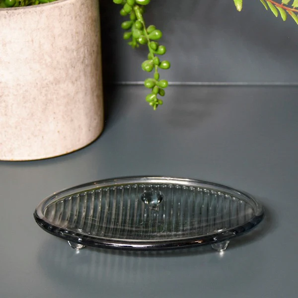 Modern Glass Soap Dish in Cool Grey Tone with Ridged Design, 15.3CM
