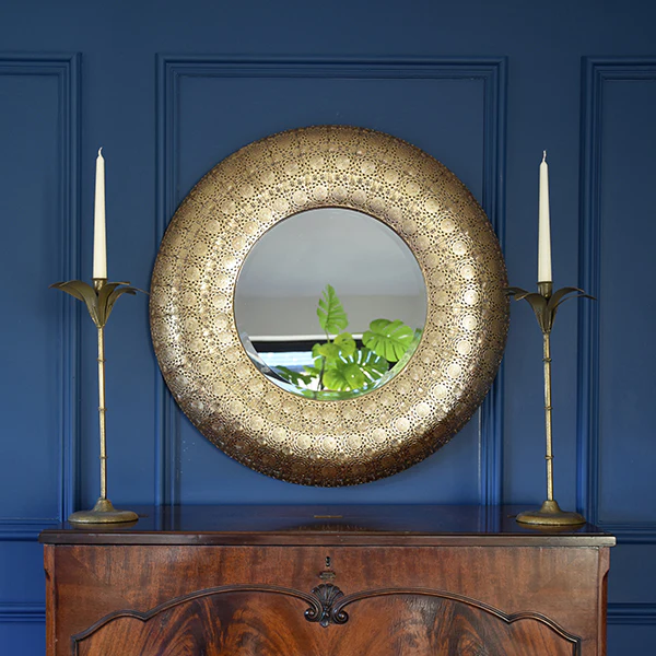 Moroccan Style Round Mirror with Gold Metal Frame