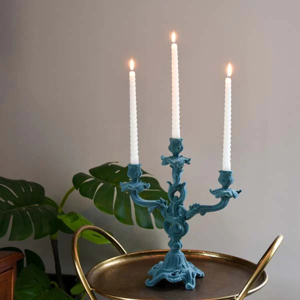 Vintage Ornate Flocked Candelabra in Light Grey/Blue - Image 2