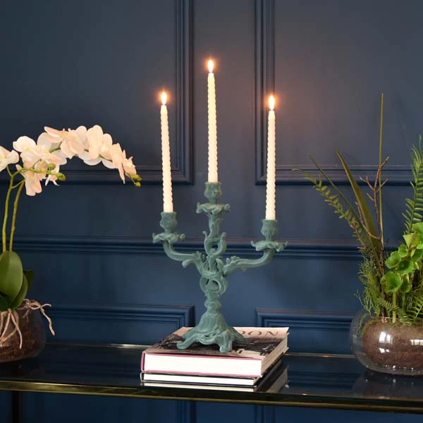 Vintage Ornate Flocked Candelabra in Light Grey/Blue - Image 3