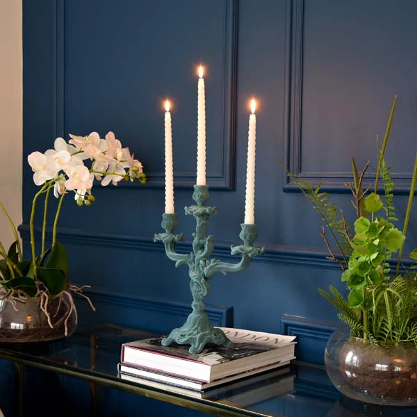 Vintage Ornate Flocked Candelabra in Light Grey/Blue - Image 4