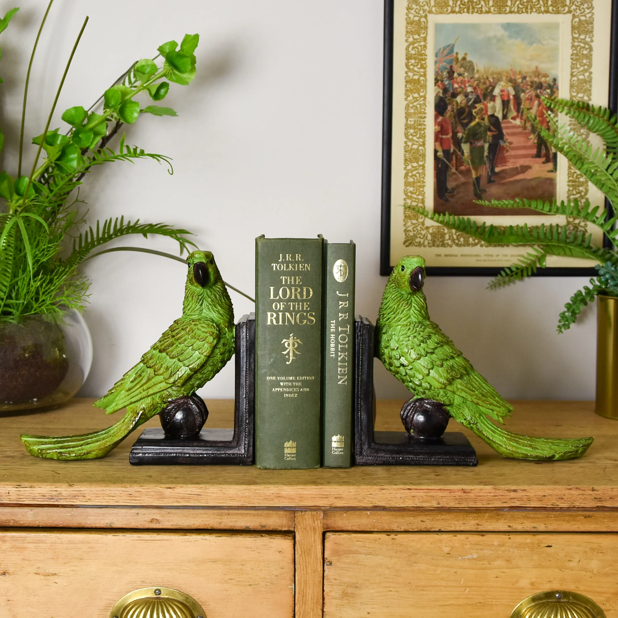 Exotic Green Parrot Ball Bookends