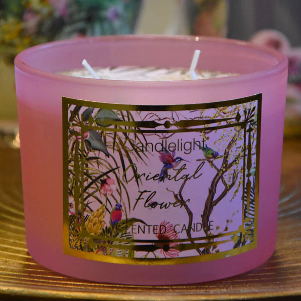 Oriental Flower Scent Pink Chinoiserie Candle with Double Wick