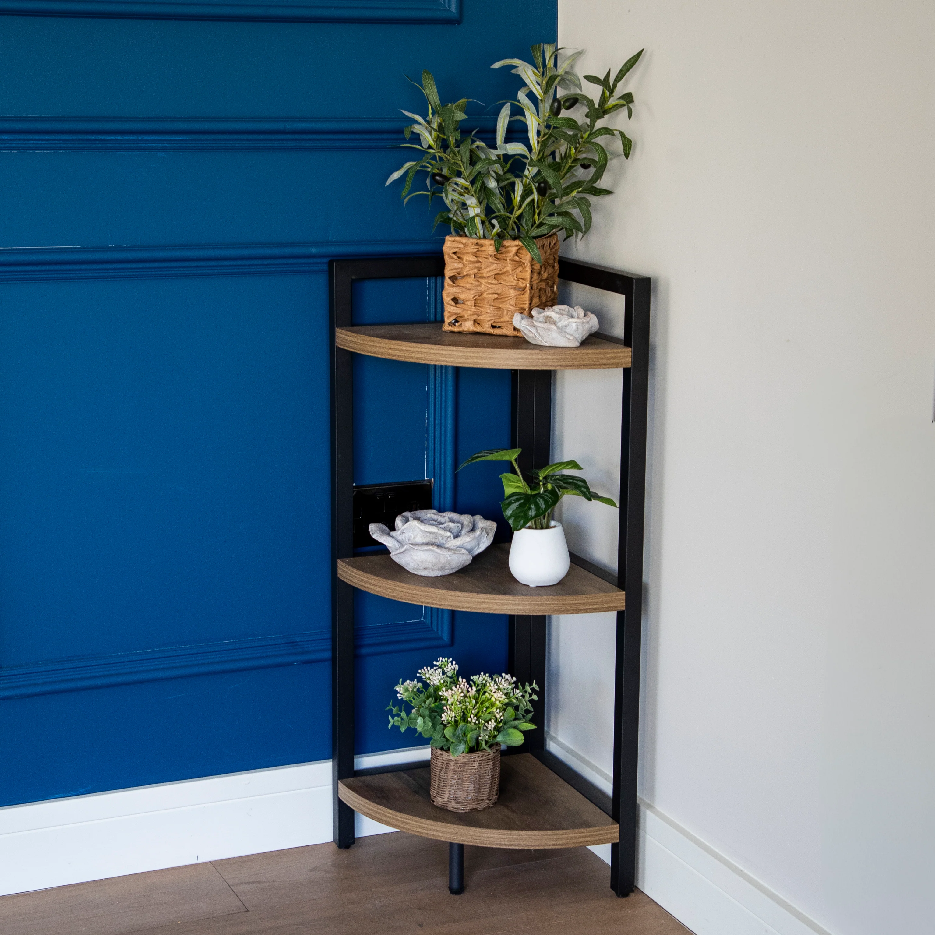 Radiant Corner Charm: Oak Wood and Metal Freestanding 3-Shelf Unit