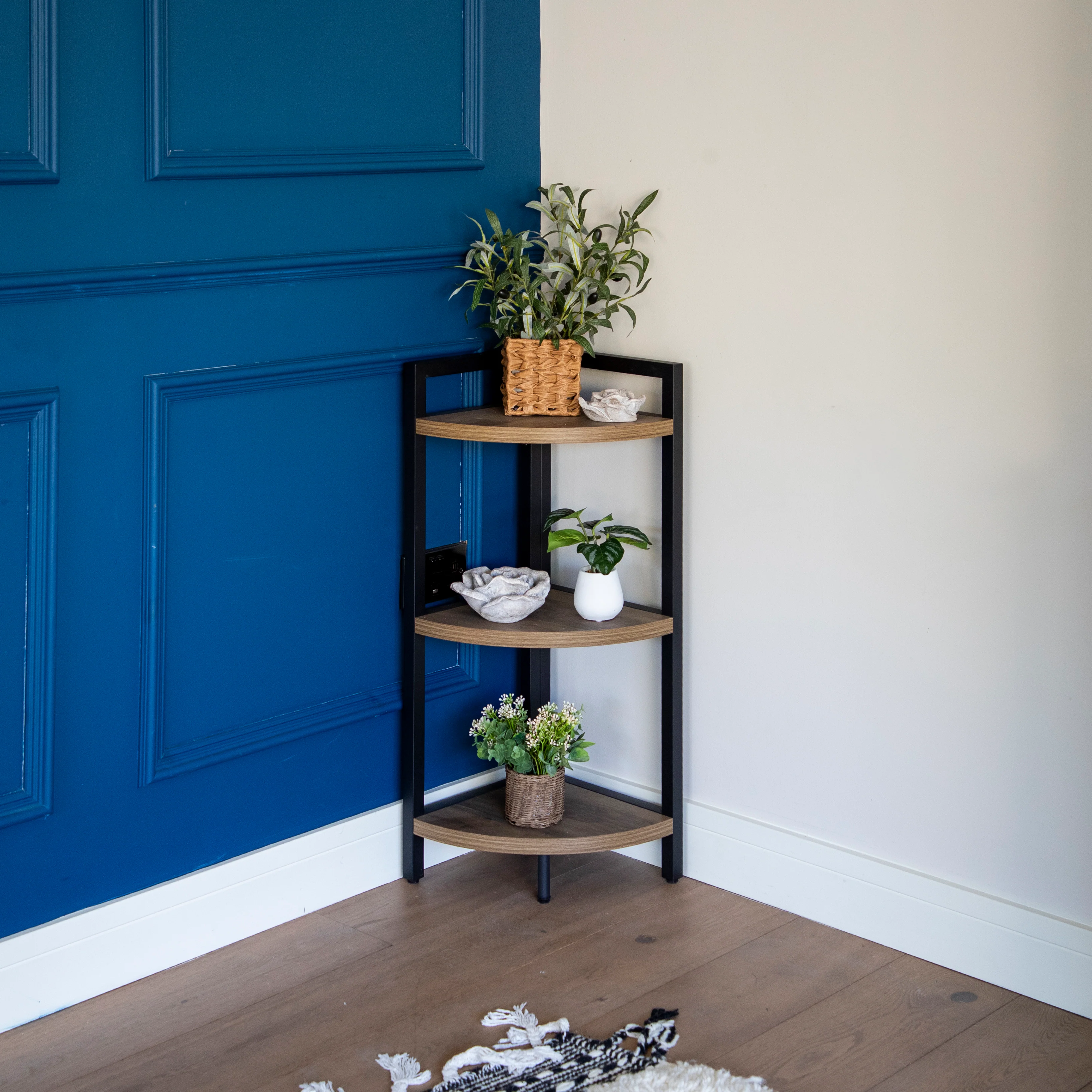 Radiant Corner Charm: Oak Wood and Metal Freestanding 3-Shelf Unit - Image 2