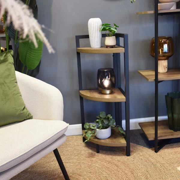 Radiant Corner Charm: Oak Wood and Metal Freestanding 3-Shelf Unit - Image 3