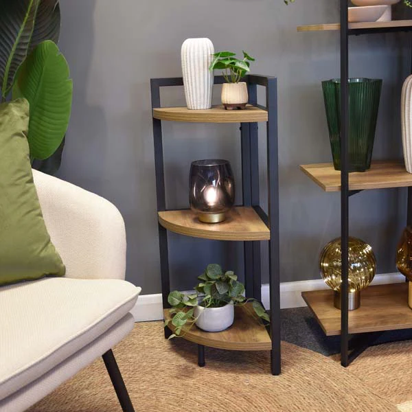 Radiant Corner Charm: Oak Wood and Metal Freestanding 3-Shelf Unit - Image 4