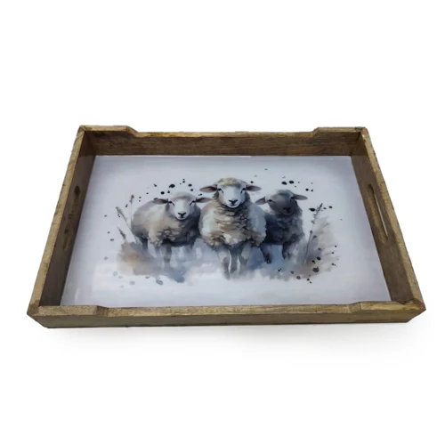 Rectangular Sheep Motif Wooden Tray with Included Handles - Image 2