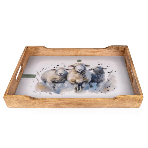 Rectangular Sheep Motif Wooden Tray with Included Handles - Image 3