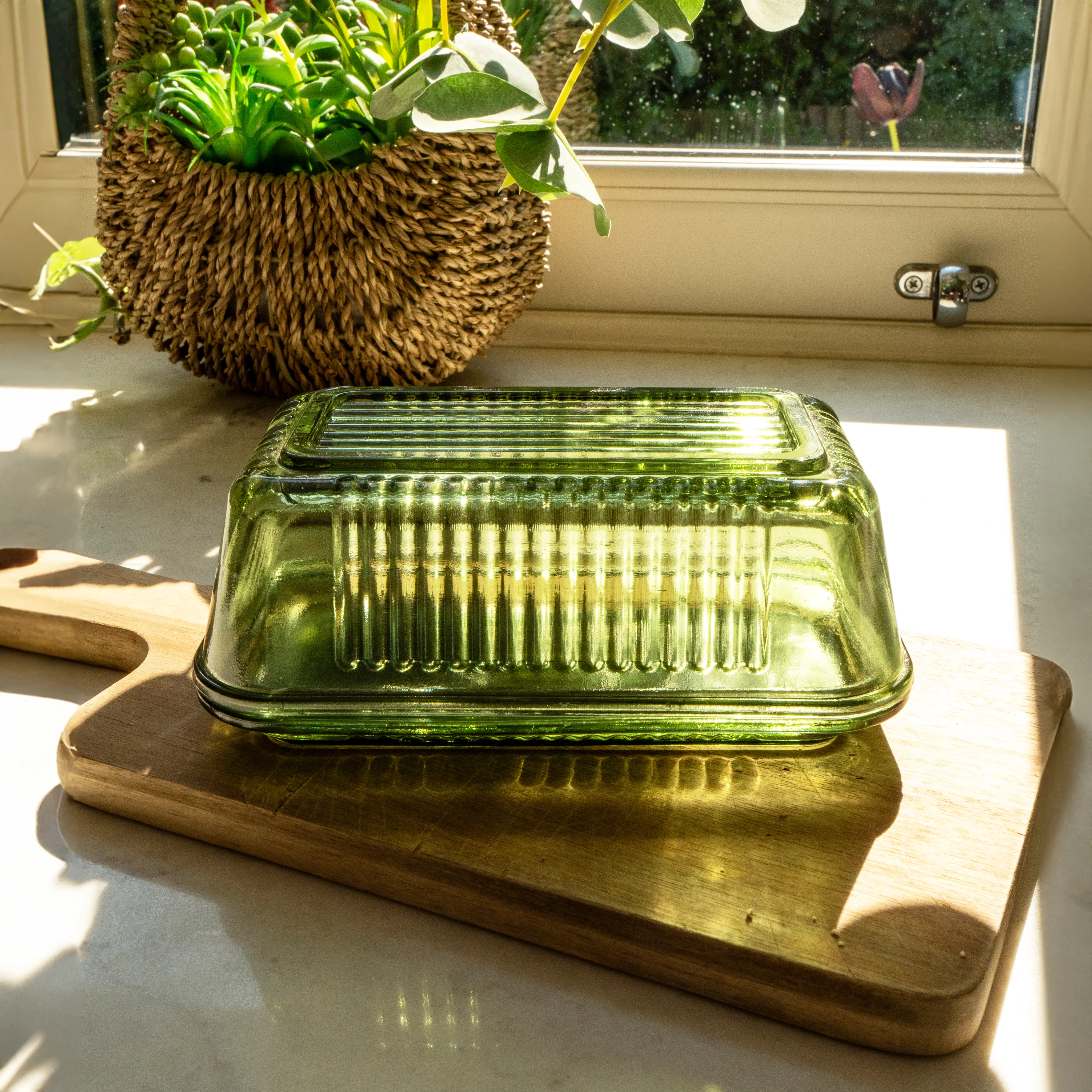 Ridged Glass Butter Dish with Lid - Green - Image 2