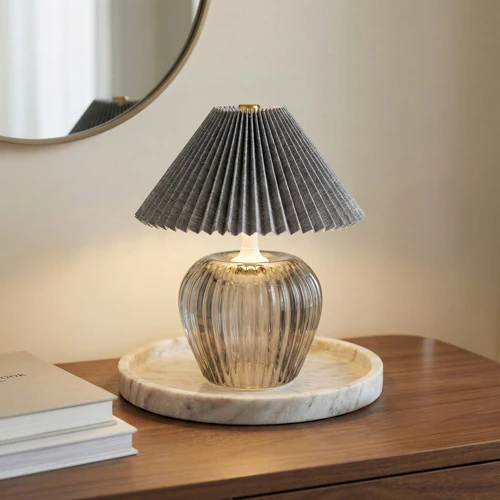 Ridged Glass LED Lamp with Pleated Shade