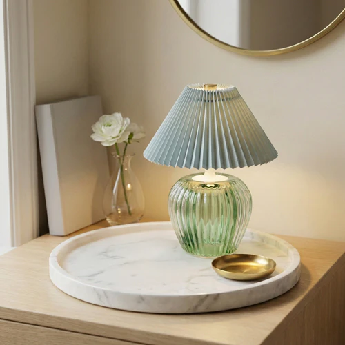 Ridged Glass LED Lamp with Pleated Shade - Image 4
