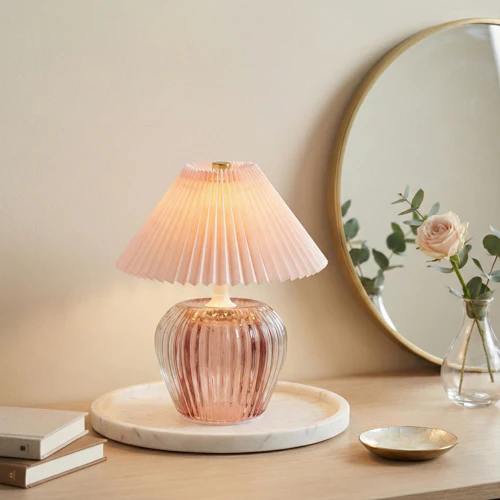 Ridged Glass LED Lamp with Pleated Shade - Image 7