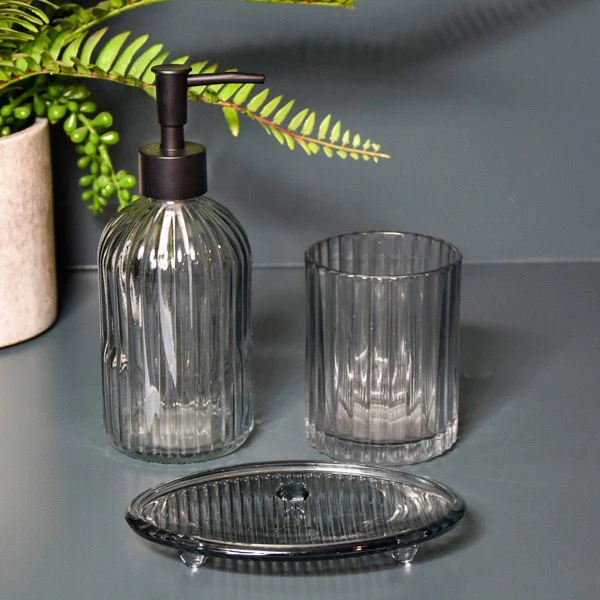 Ridged Glass Tumbler in Subtle Grey Shade, 10CM - Image 2