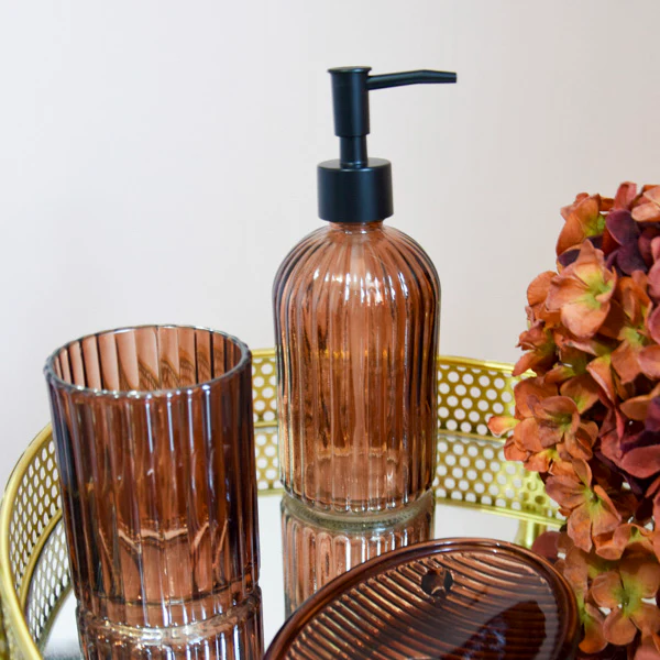 Ridged Glass Tumbler in Warm Amber Tone, 10CM