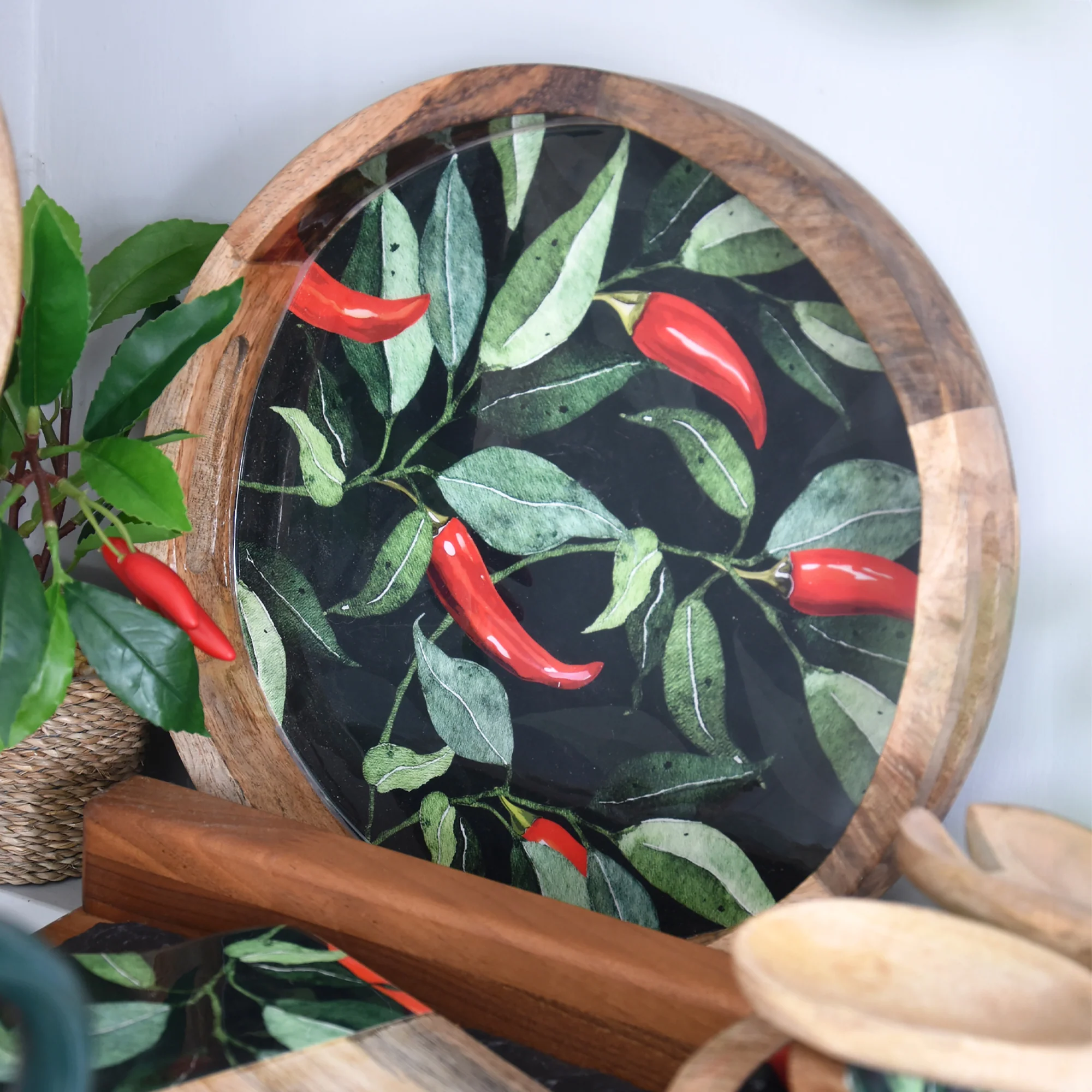 Round Mango Wood Tray with Chilli Enamel - 30cm