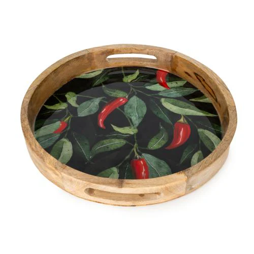 Round Mango Wood Tray with Chilli Enamel - 30cm - Image 2