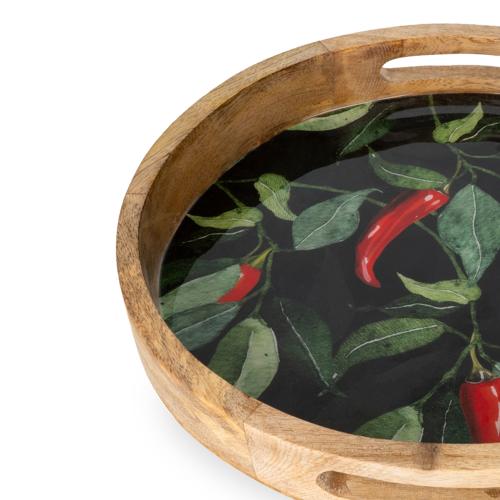 Round Mango Wood Tray with Chilli Enamel - 30cm - Image 3