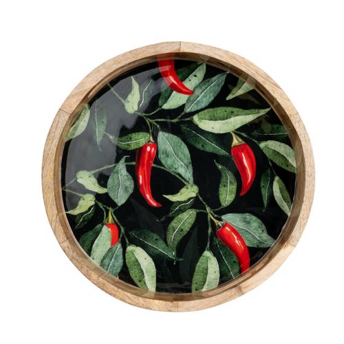 Round Mango Wood Tray with Chilli Enamel - 30cm - Image 4