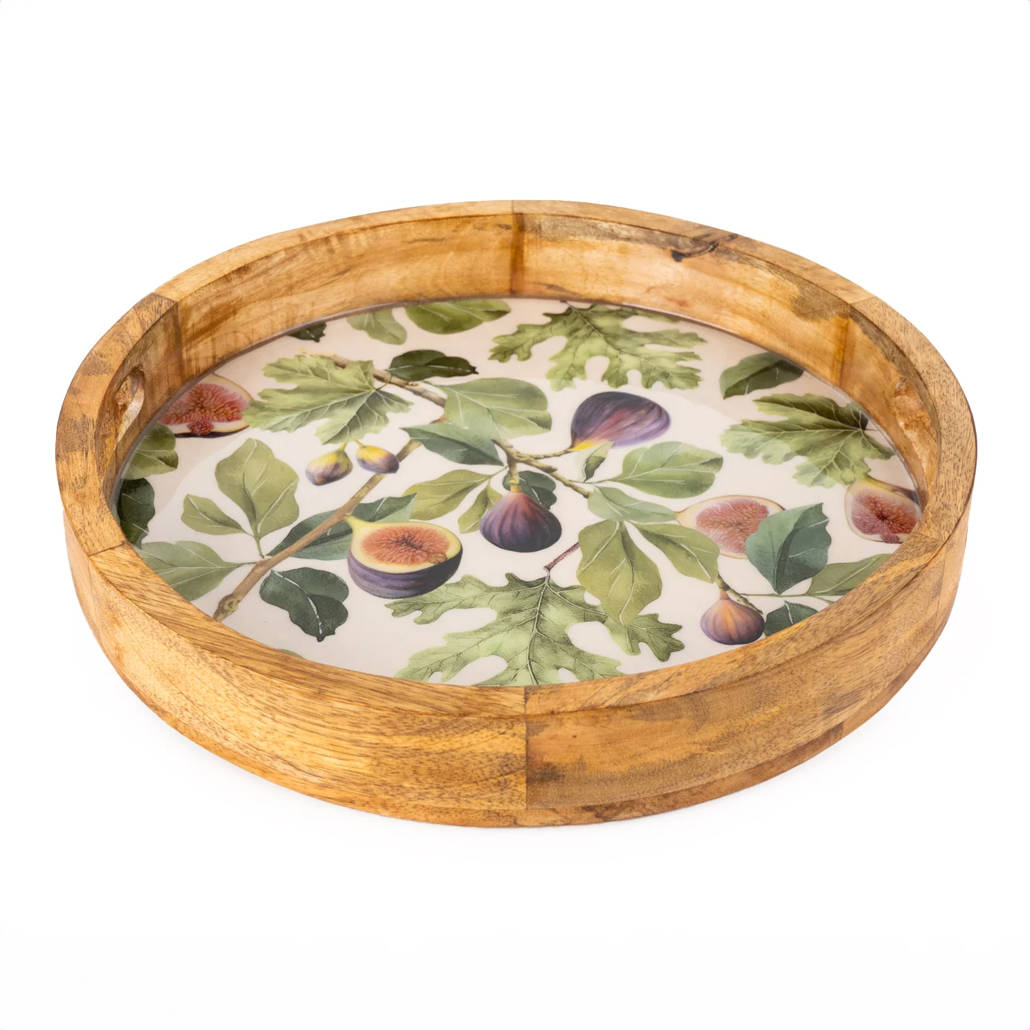 Round Mango Wood Tray With Fig Enamel