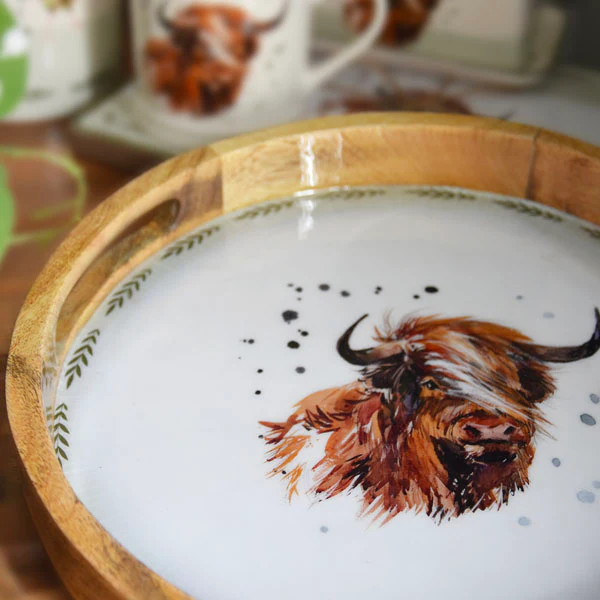Round Mango Wood Tray with Luxe Highland Cow Enamel Design