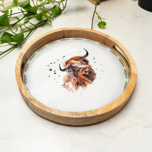 Round Mango Wood Tray with Luxe Highland Cow Enamel Design - Image 2