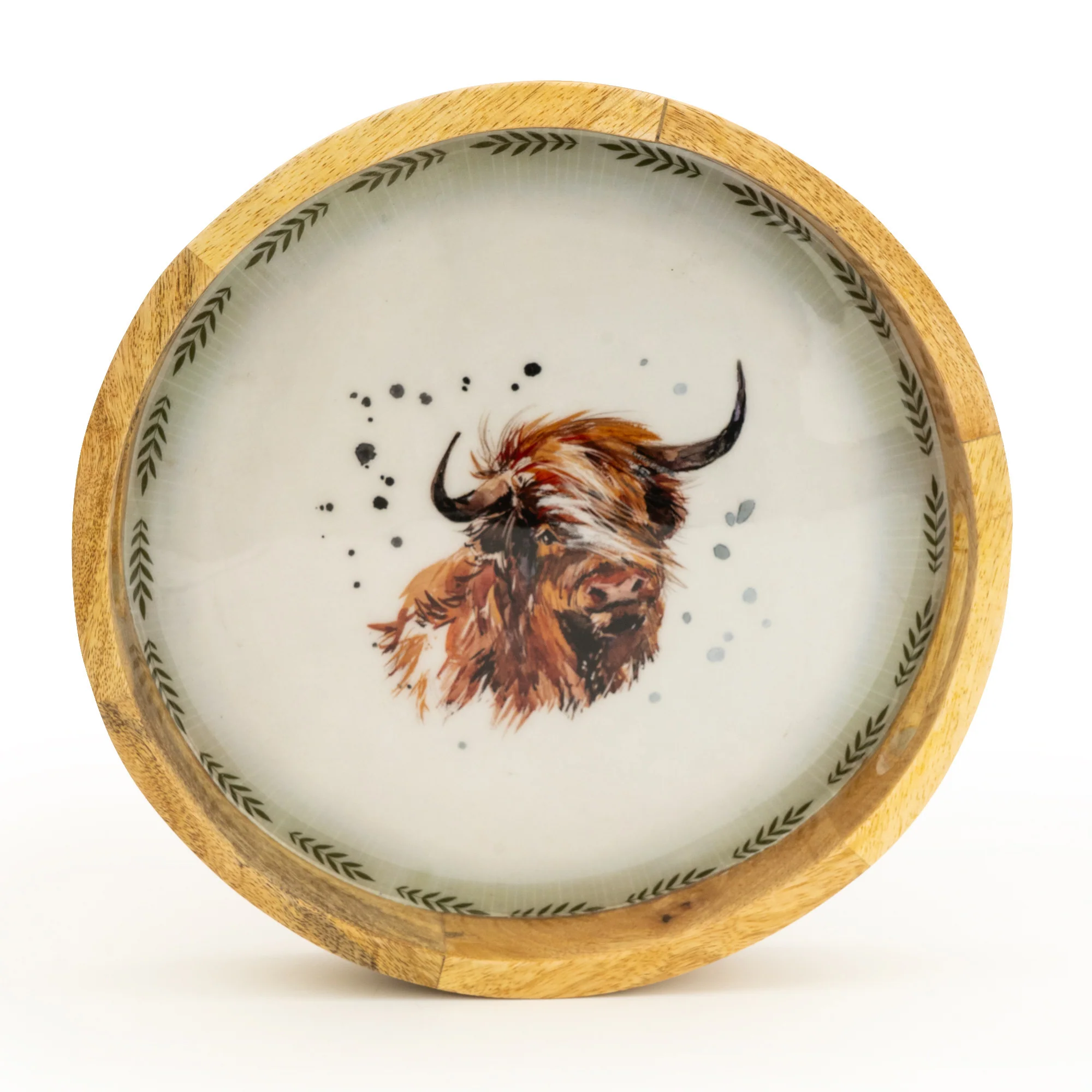 Round Mango Wood Tray with Luxe Highland Cow Enamel Design - Image 7
