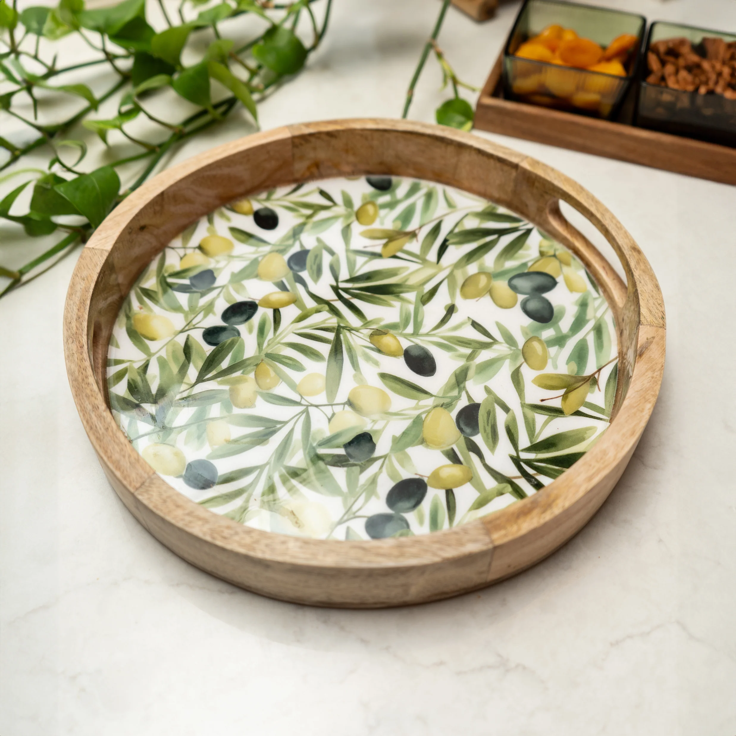 Rustic Mango Wood Round Tray with Elegant Olive Enamel Design