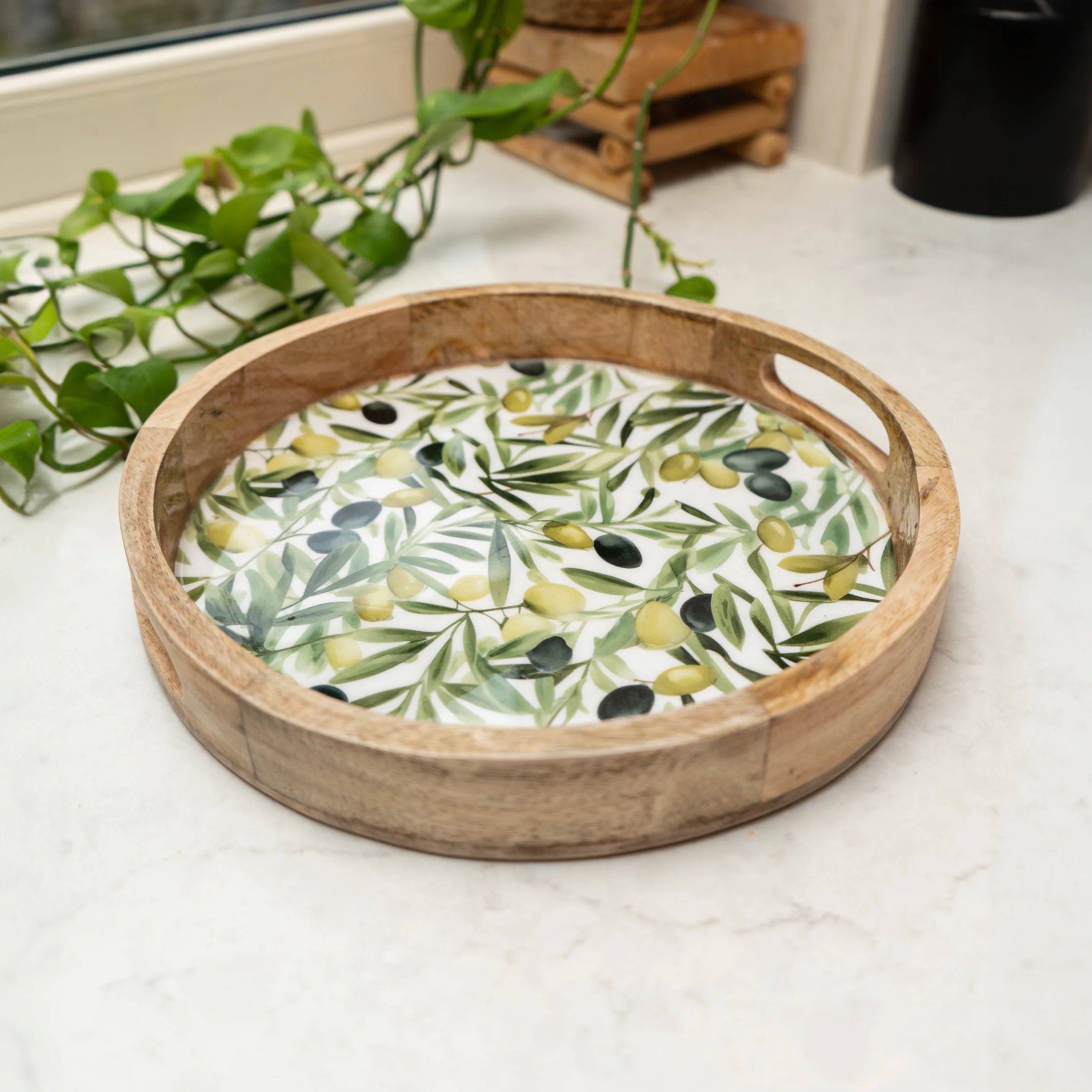 Rustic Mango Wood Round Tray with Elegant Olive Enamel Design - Image 2