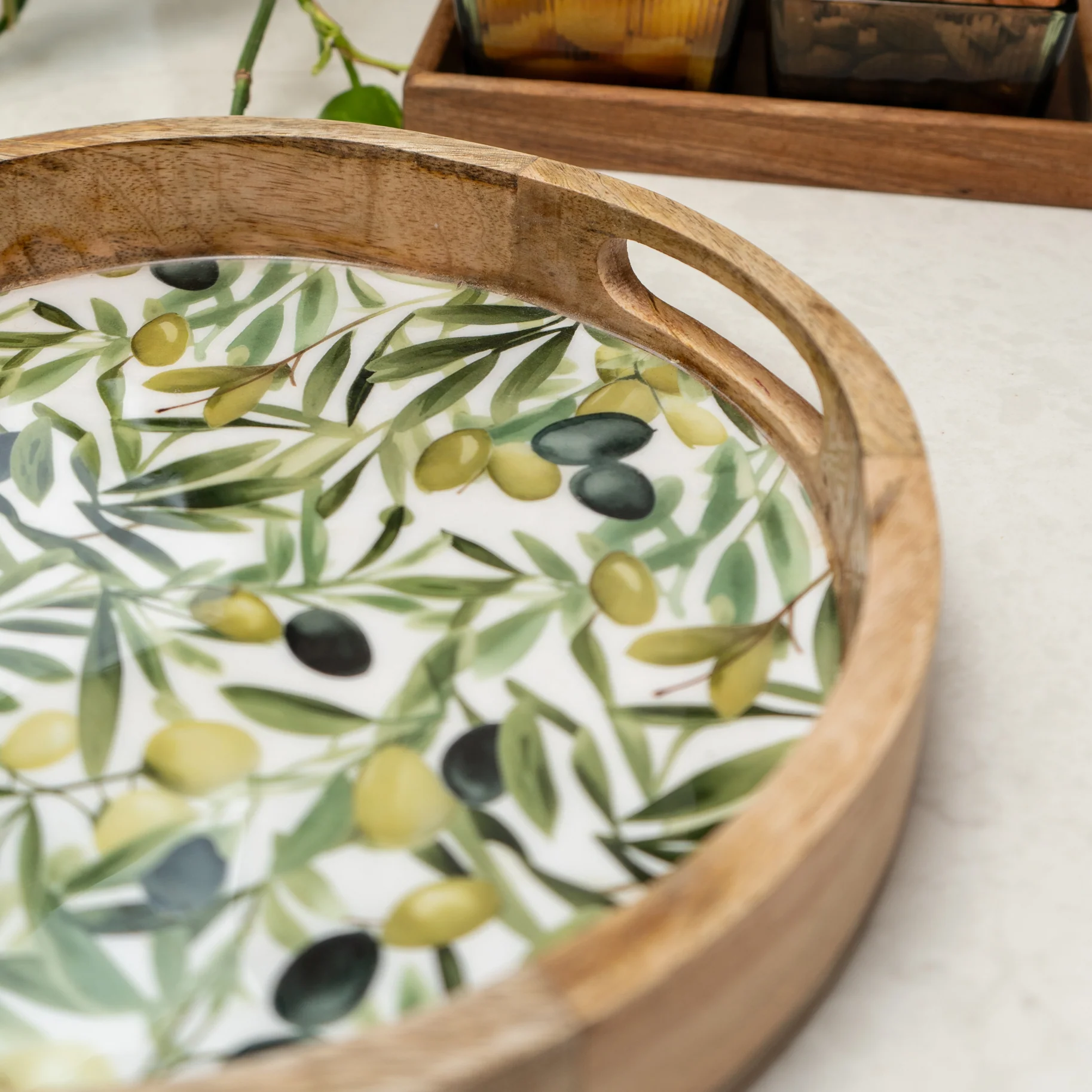 Rustic Mango Wood Round Tray with Elegant Olive Enamel Design - Image 3