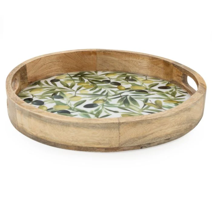 Rustic Mango Wood Round Tray with Elegant Olive Enamel Design - Image 4
