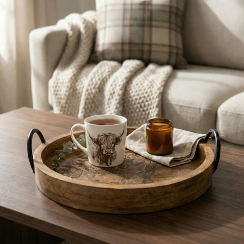 Round Wooden Highland Cow Tray with Metal Handles 