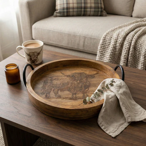 Round Wooden Highland Cow Tray with Metal Handles  - Image 2
