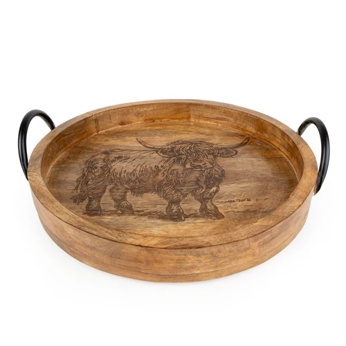 Round Wooden Highland Cow Tray with Metal Handles  - Image 3