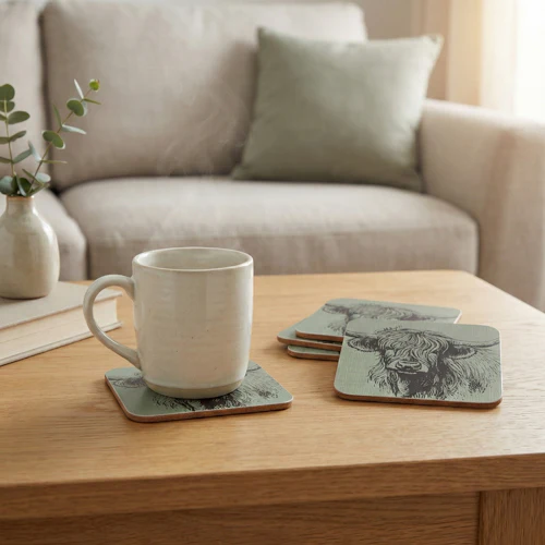 Sage Green Highland Cow Coaster Set