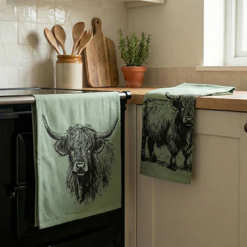 Sage Green Highland Cow Tea Towels