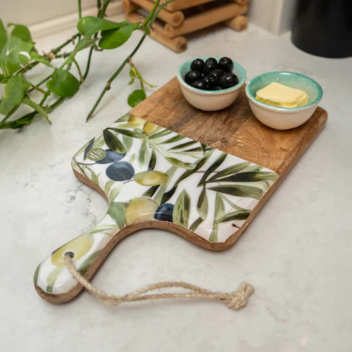 Elegant Mango Wood Serving Paddle Board with Olive Enamel Design