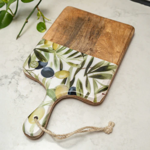 Elegant Mango Wood Serving Paddle Board with Olive Enamel Design - Image 5