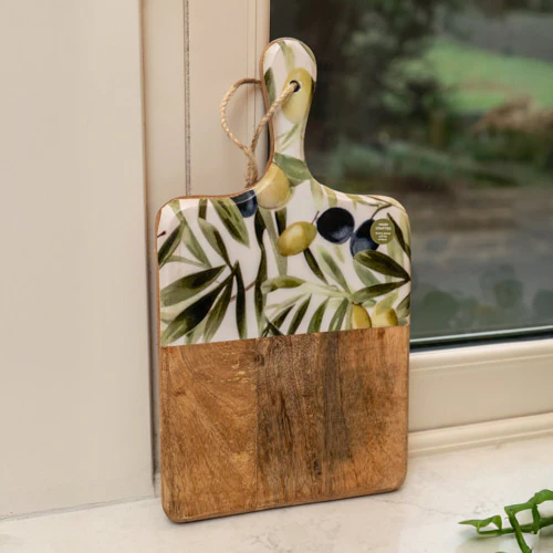 Elegant Mango Wood Serving Paddle Board with Olive Enamel Design - Image 6