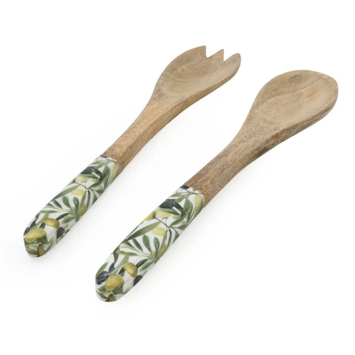 Elegant Mango Wood Serving Spoon & Fork Set with Olive Enamel Design - Image 2