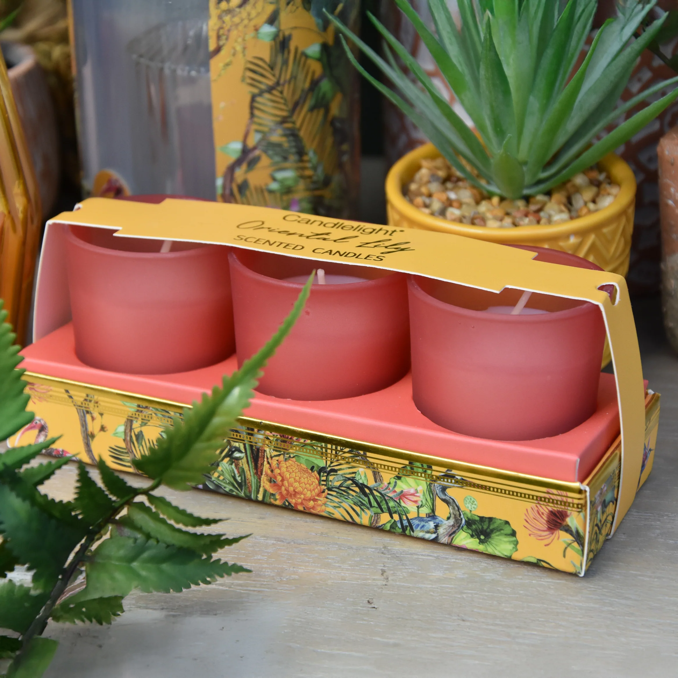 Luxury Set of 3 Oriental Lily Scented Ochre Chinoiserie Candles