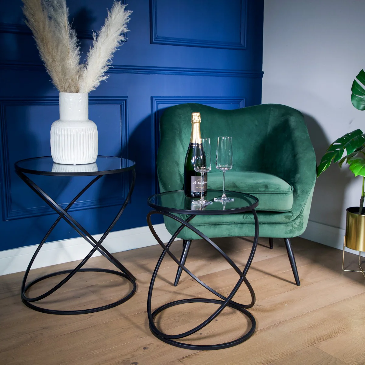 Set of 2 Black Criss Cross Tables with Glass Top