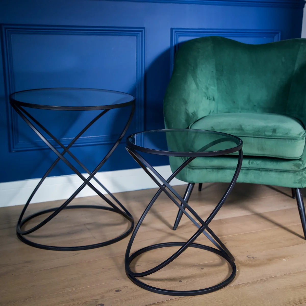 Set of 2 Black Criss Cross Tables with Glass Top - Image 2