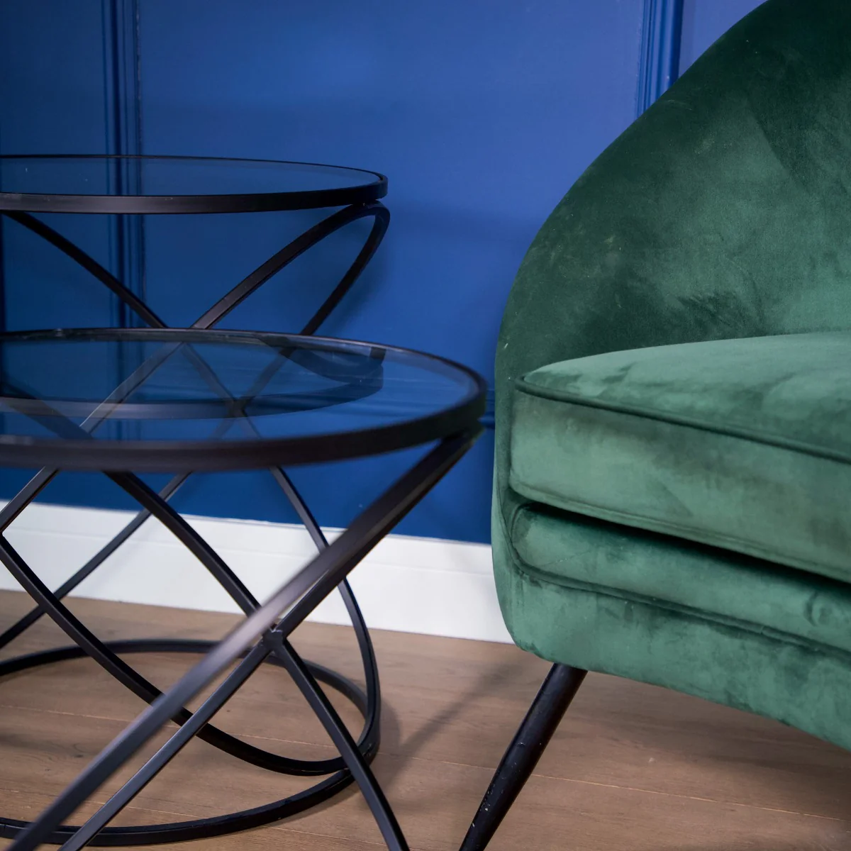 Set of 2 Black Criss Cross Tables with Glass Top - Image 3