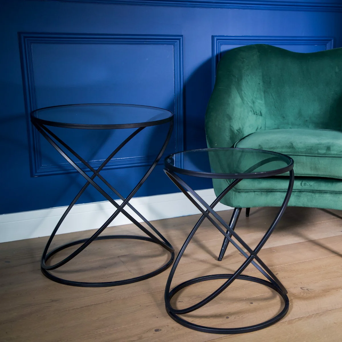 Set of 2 Black Criss Cross Tables with Glass Top - Image 4