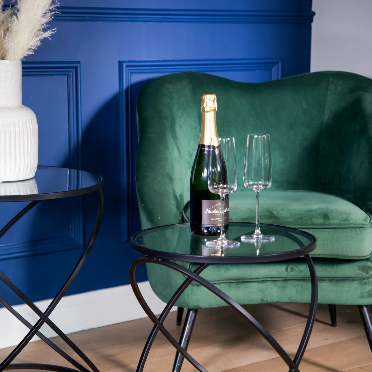 Set of 2 Black Criss Cross Tables with Glass Top - Image 5