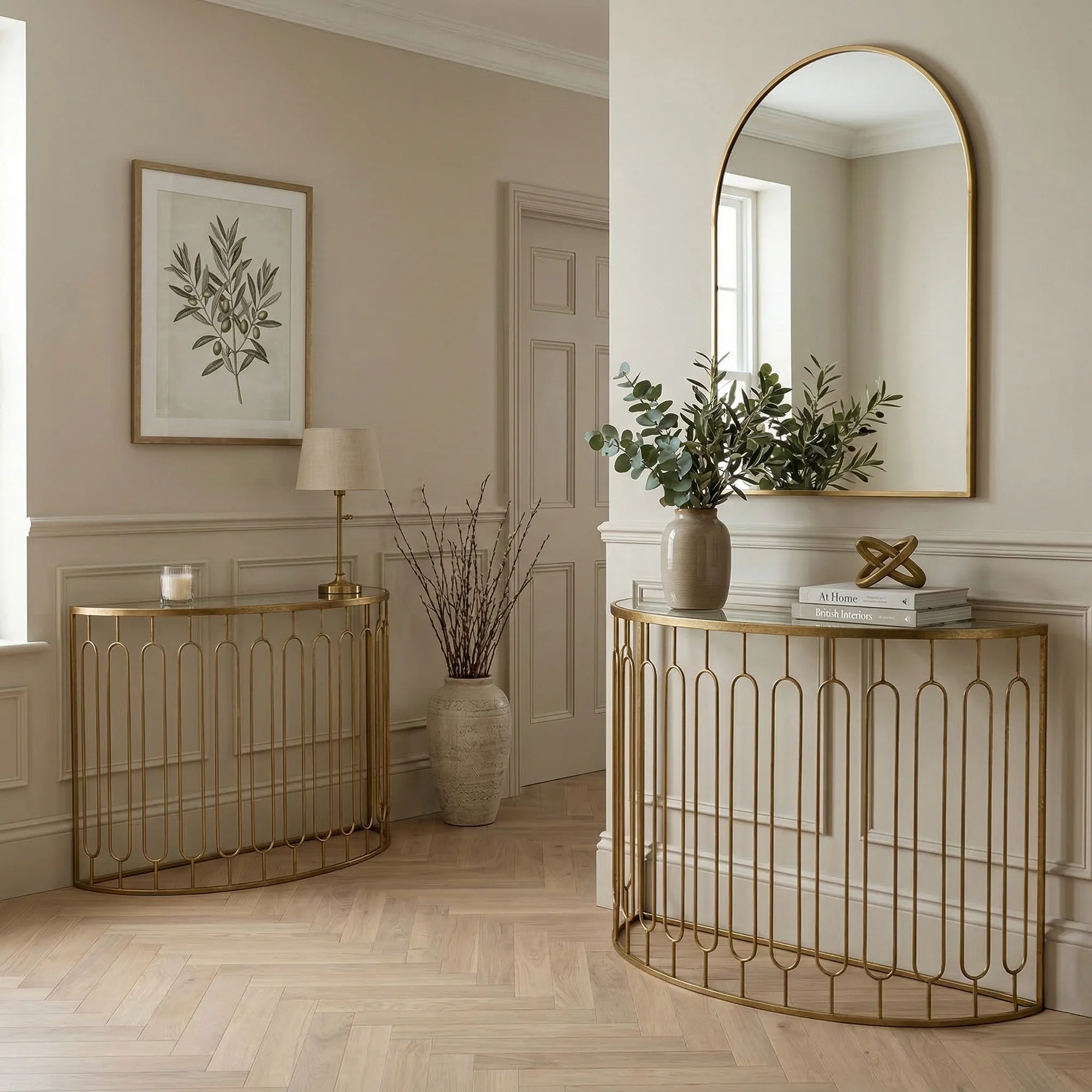 Elegant Antique Gold Console Tables with Glass Tops, Set of 2