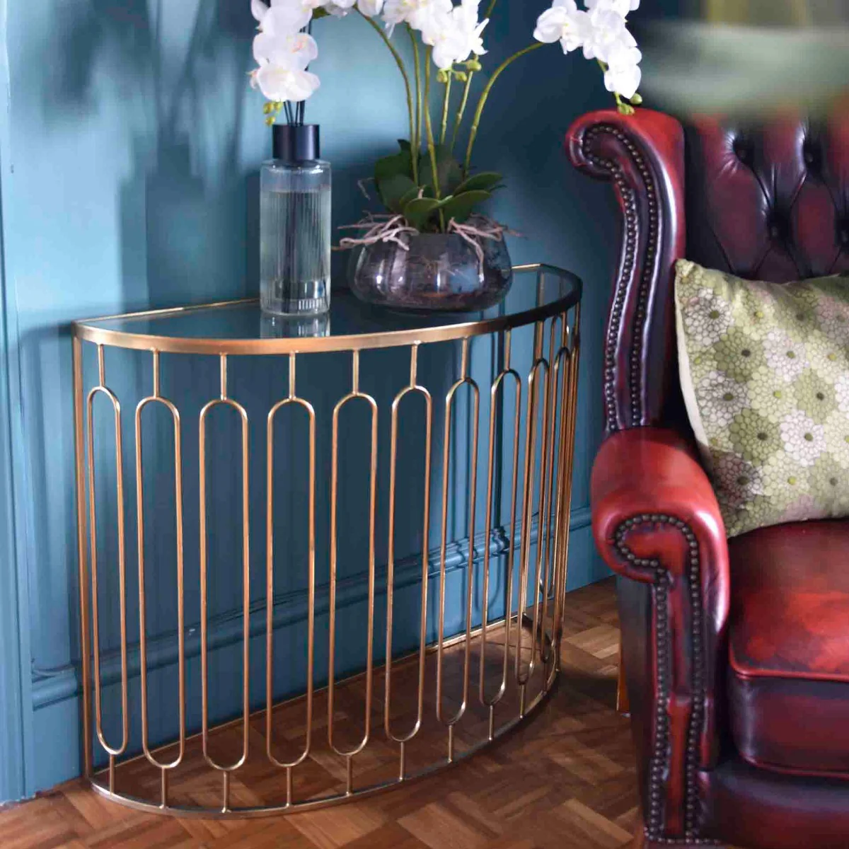 Elegant Antique Gold Console Tables with Glass Tops, Set of 2 - Image 2