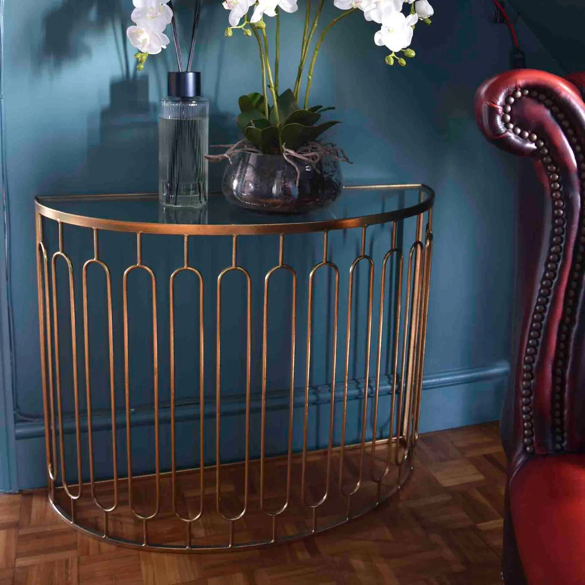 Elegant Antique Gold Console Tables with Glass Tops, Set of 2 - Image 3