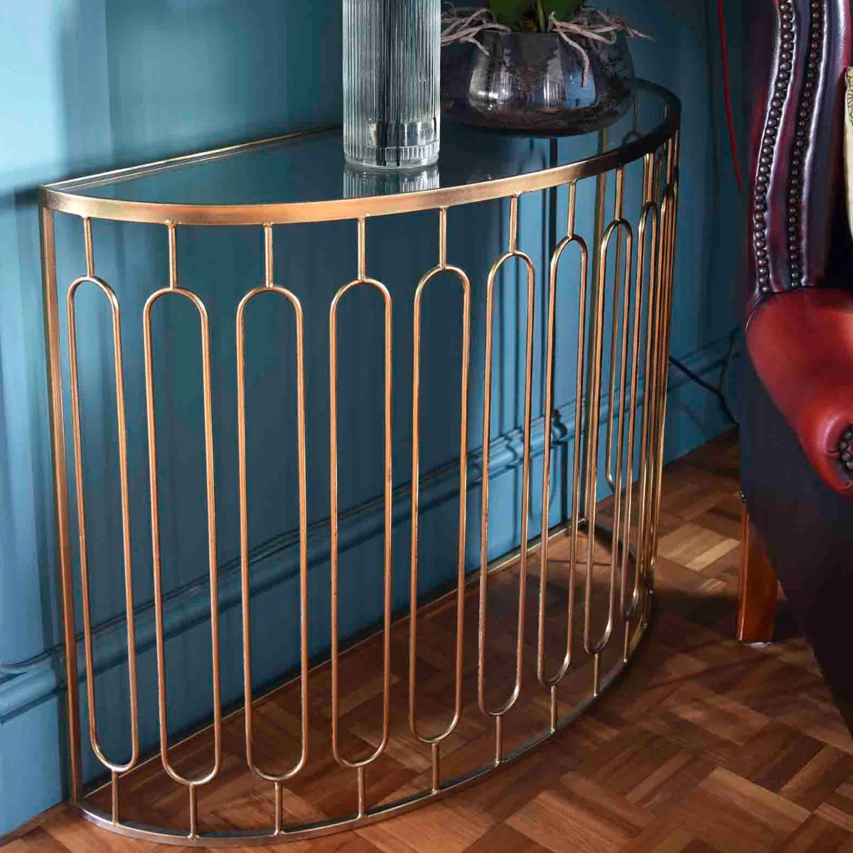 Elegant Antique Gold Console Tables with Glass Tops, Set of 2 - Image 4